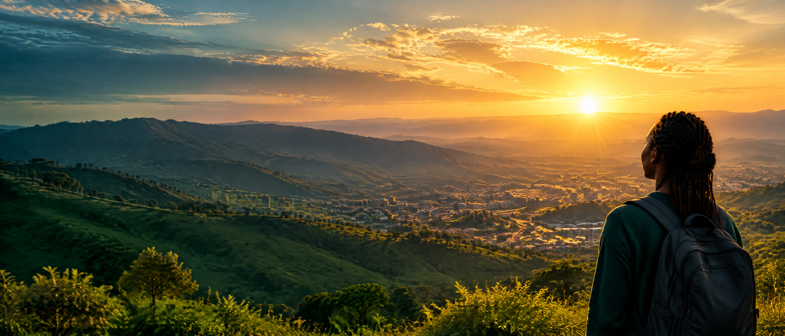 Young leader looking over a mountain city at sunrise